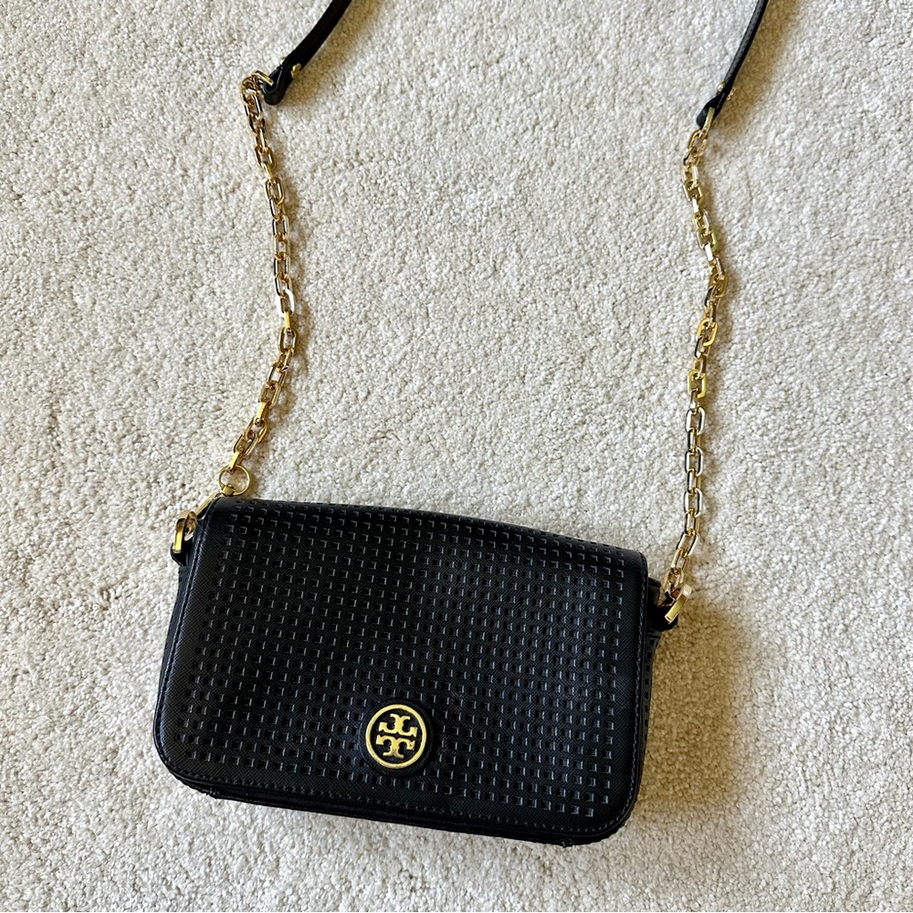 Tory Burch Robinson Saffiano Leather Gold Chain Crossbody Bag Black